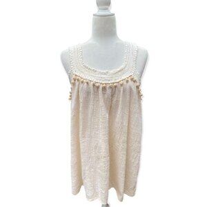 ADIVA Ivory white crochet lace inserts tank top gauzy cotton cloth pompoms Sz L